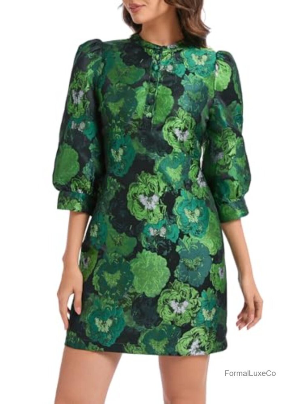 Women's Floral Jacquard Shift Mini Dress 3/4 Sleeve